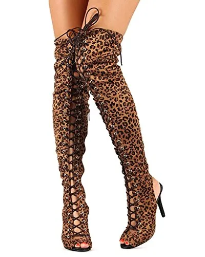 Breckelles Randi-23 Leopard Stiletto Open Toe Lace Up Back Thigh High Boots