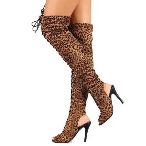 Breckelles Randi-23 Leopard Stiletto Open Toe Lace Up Back Thigh High Boots
