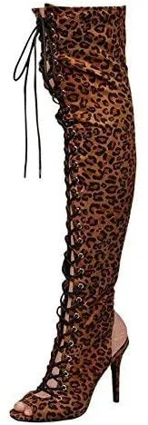 Breckelles Randi-23 Leopard Stiletto Open Toe Lace Up Back Thigh High Boots