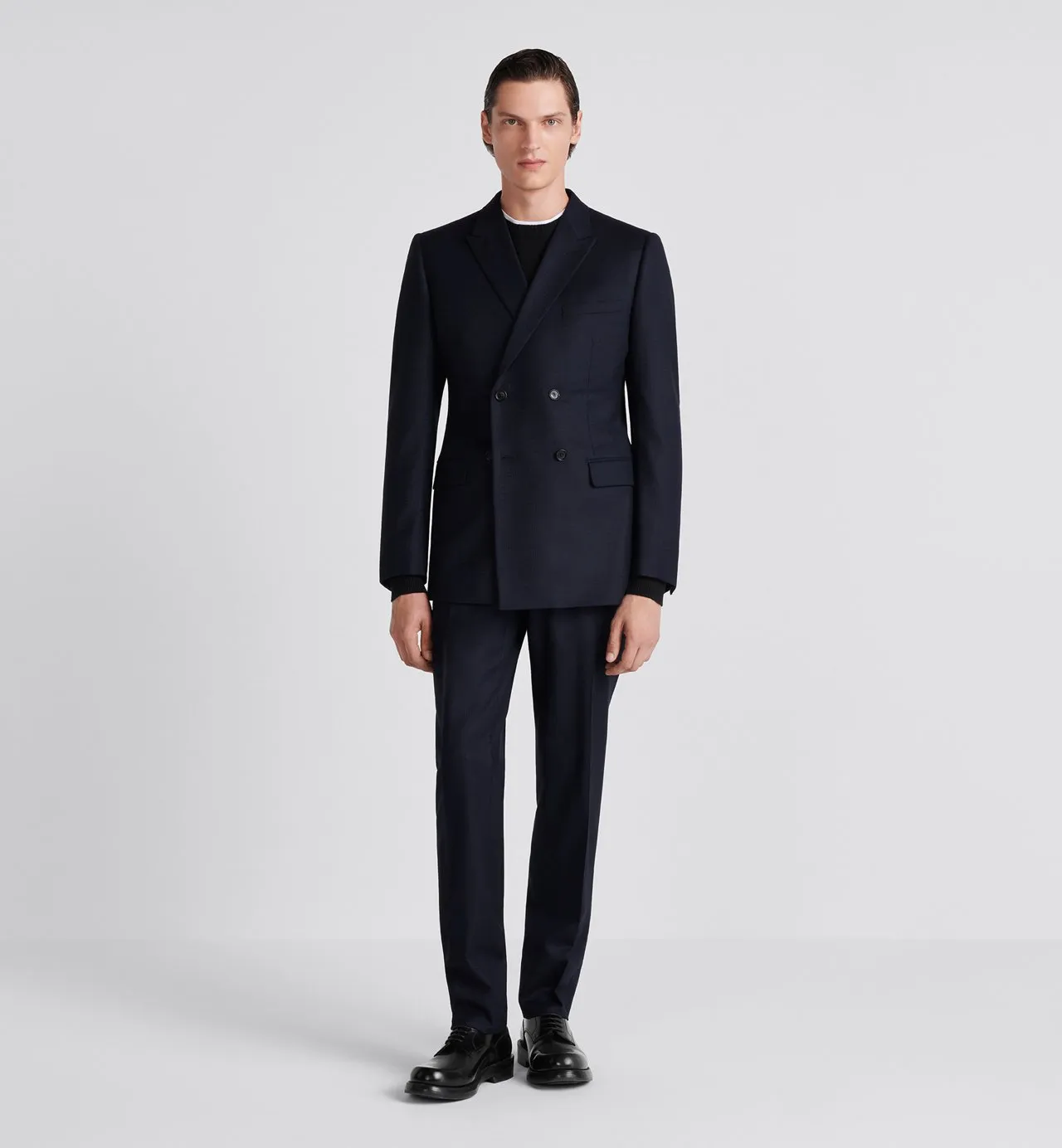 Classic-Cut Double-Breasted Suit Navy Blue Virgin Wool And Cashmere Flannel