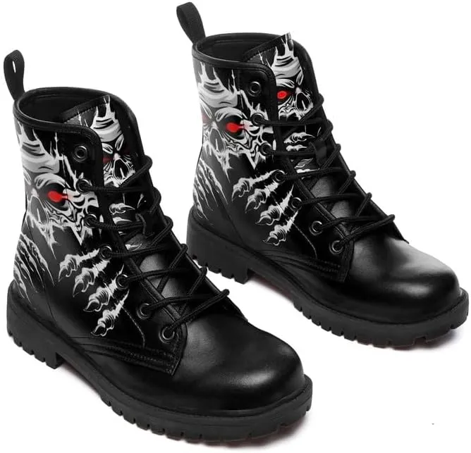 Combat Boots Skull Rock Lace-Up Ankle Booties Goth Platform Leather Work Boots Motorcycle Boots Winter Shoes for Men Women