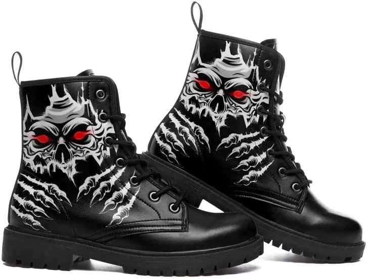 Combat Boots Skull Rock Lace-Up Ankle Booties Goth Platform Leather Work Boots Motorcycle Boots Winter Shoes for Men Women