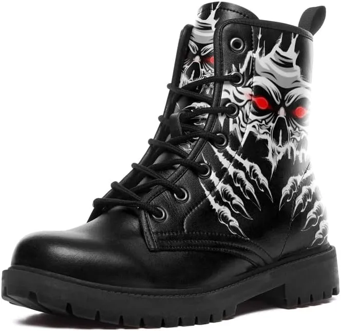 Combat Boots Skull Rock Lace-Up Ankle Booties Goth Platform Leather Work Boots Motorcycle Boots Winter Shoes for Men Women