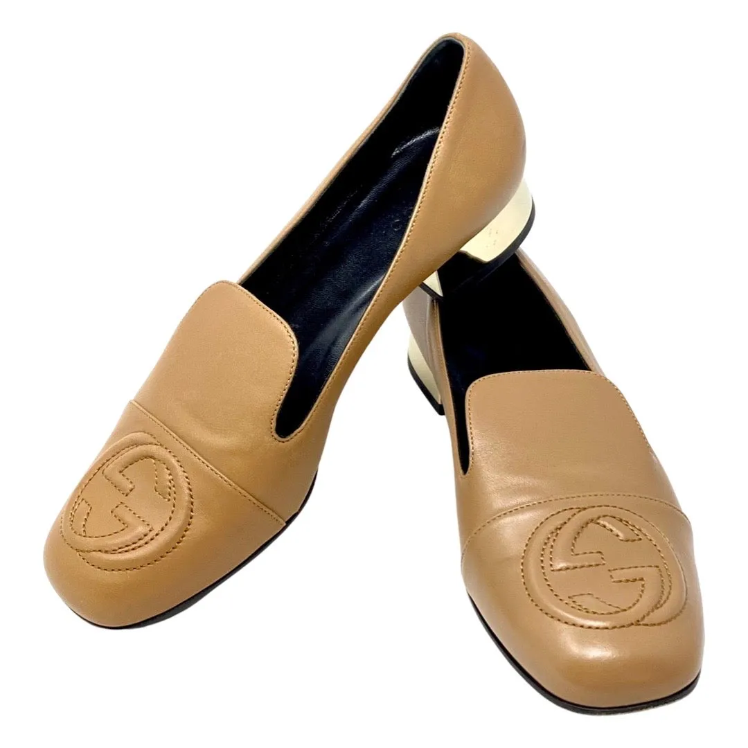 GUCCI 391973 Tan Leather Logo Loafers Flats Gold Heel Size 37 | 6.5