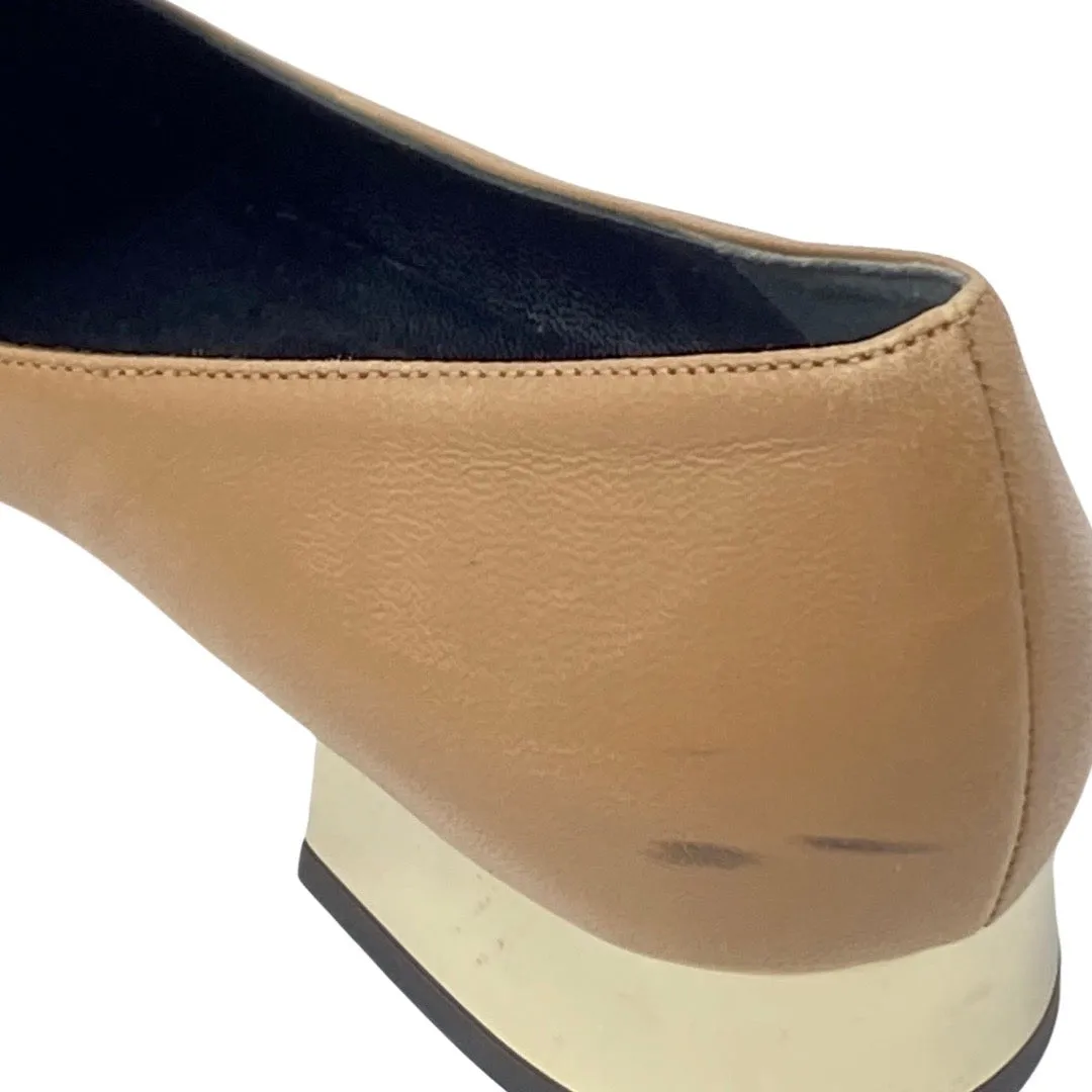 GUCCI 391973 Tan Leather Logo Loafers Flats Gold Heel Size 37 | 6.5