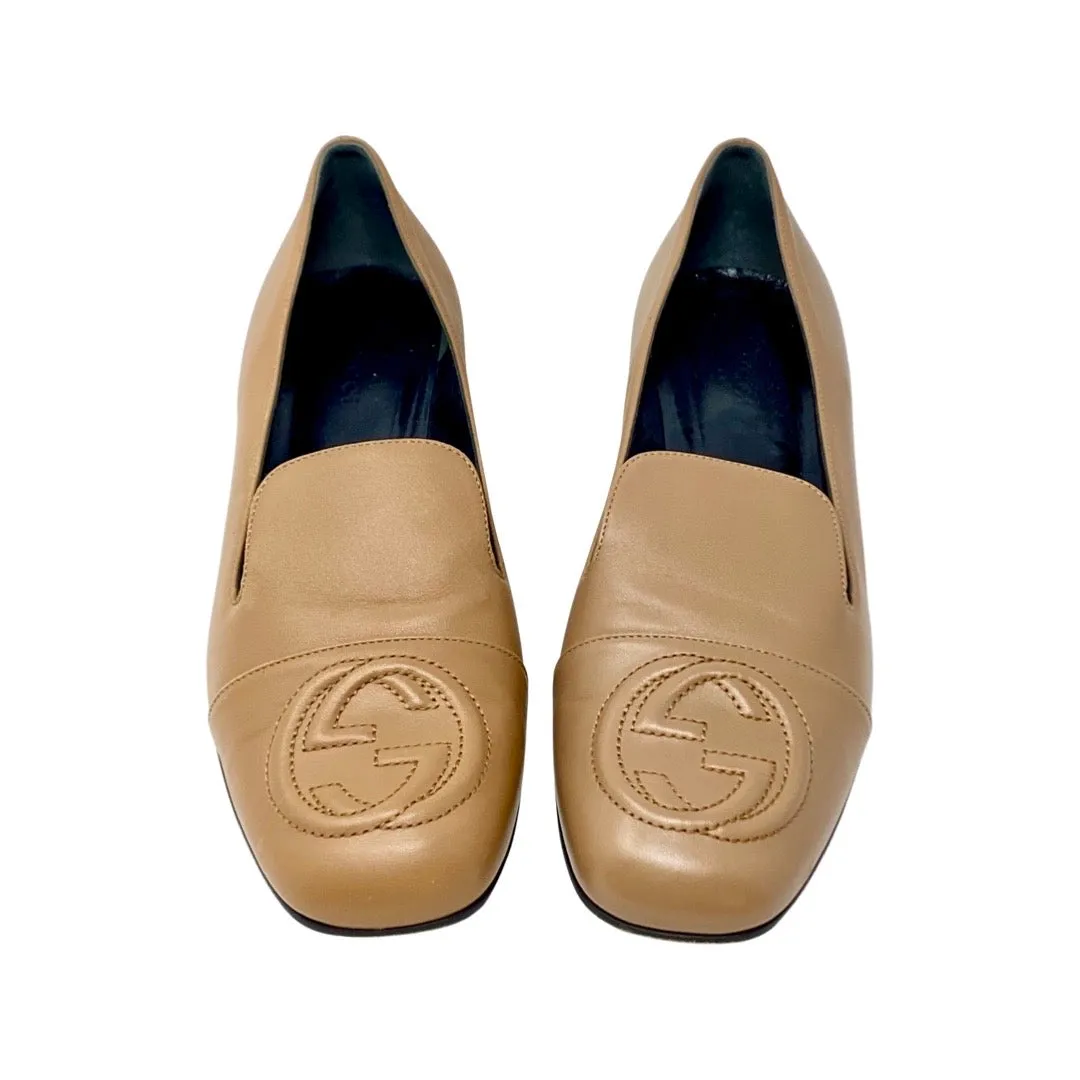 GUCCI 391973 Tan Leather Logo Loafers Flats Gold Heel Size 37 | 6.5
