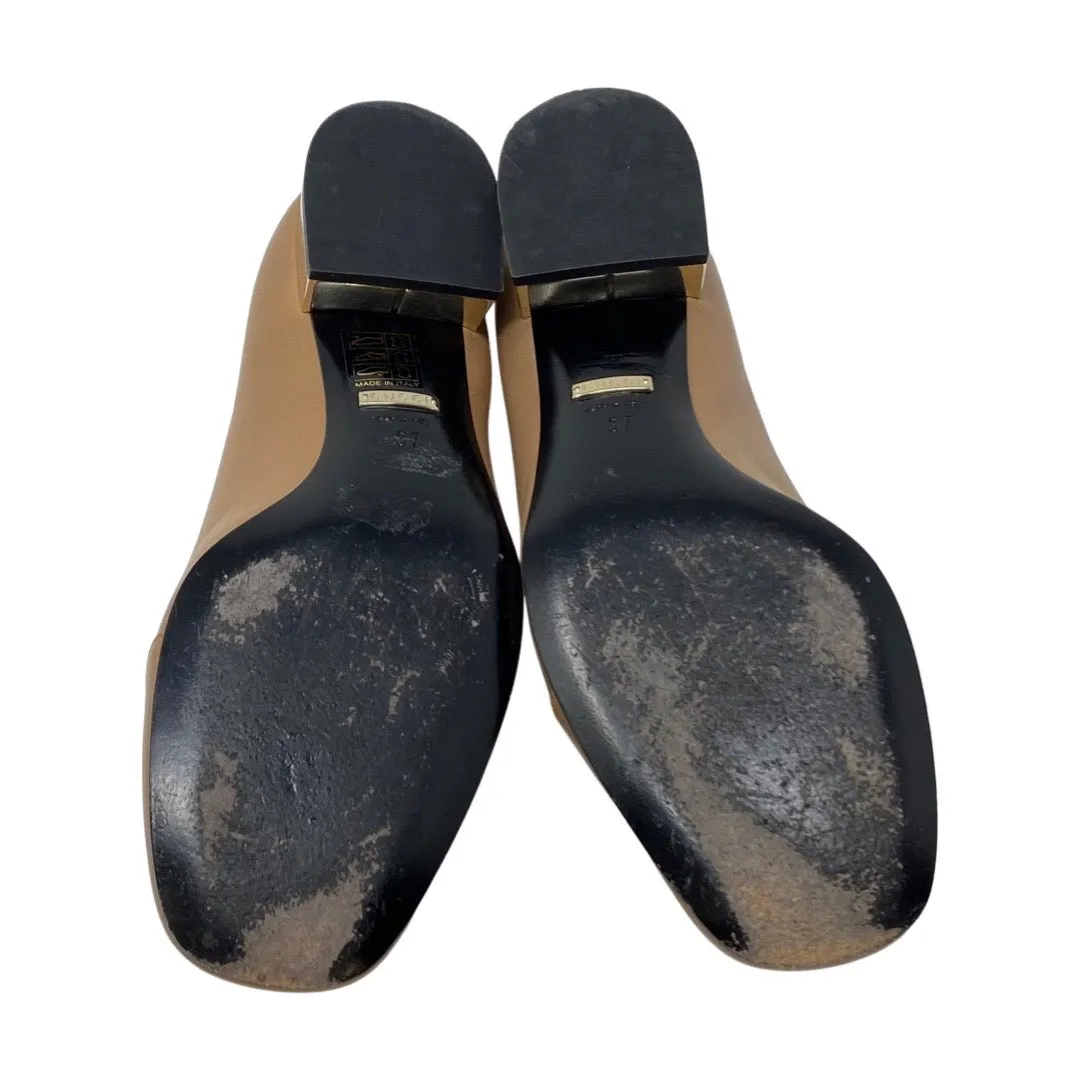 GUCCI 391973 Tan Leather Logo Loafers Flats Gold Heel Size 37 | 6.5