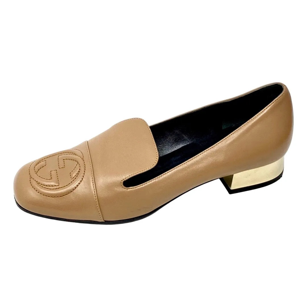 GUCCI 391973 Tan Leather Logo Loafers Flats Gold Heel Size 37 | 6.5
