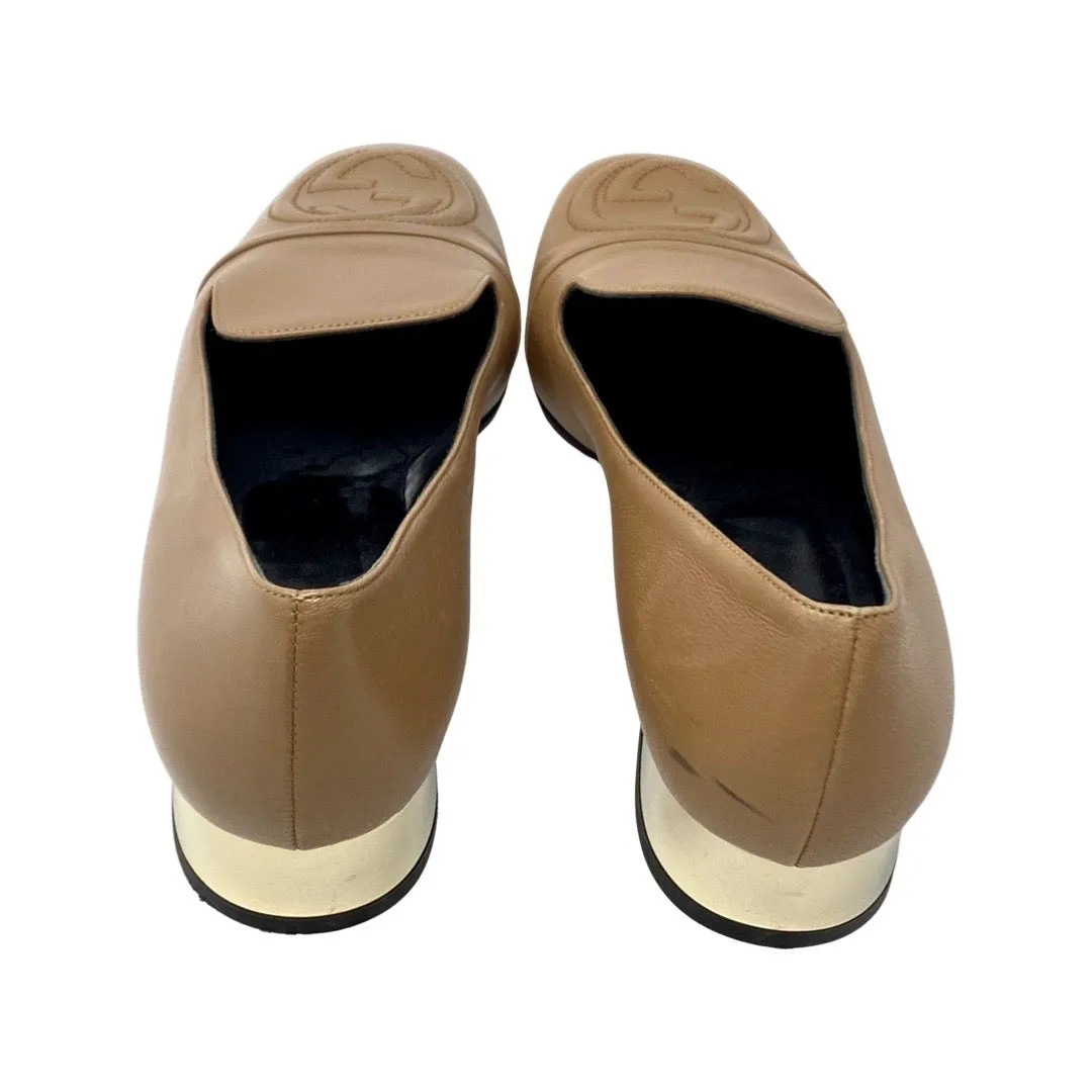 GUCCI 391973 Tan Leather Logo Loafers Flats Gold Heel Size 37 | 6.5