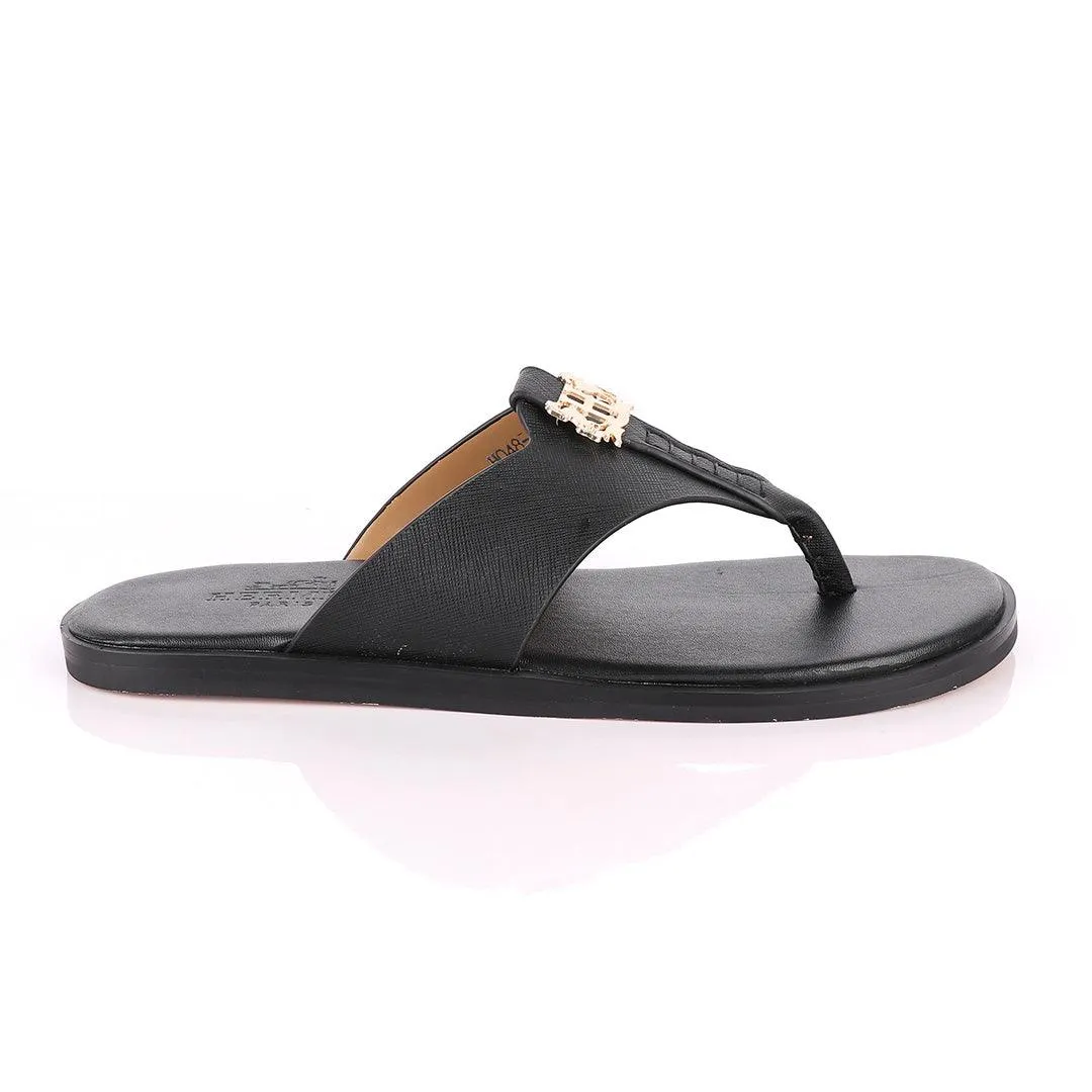 Hermes Paris With Logo Black Leather Slippers