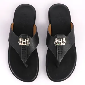 Hermes Paris With Logo Black Leather Slippers
