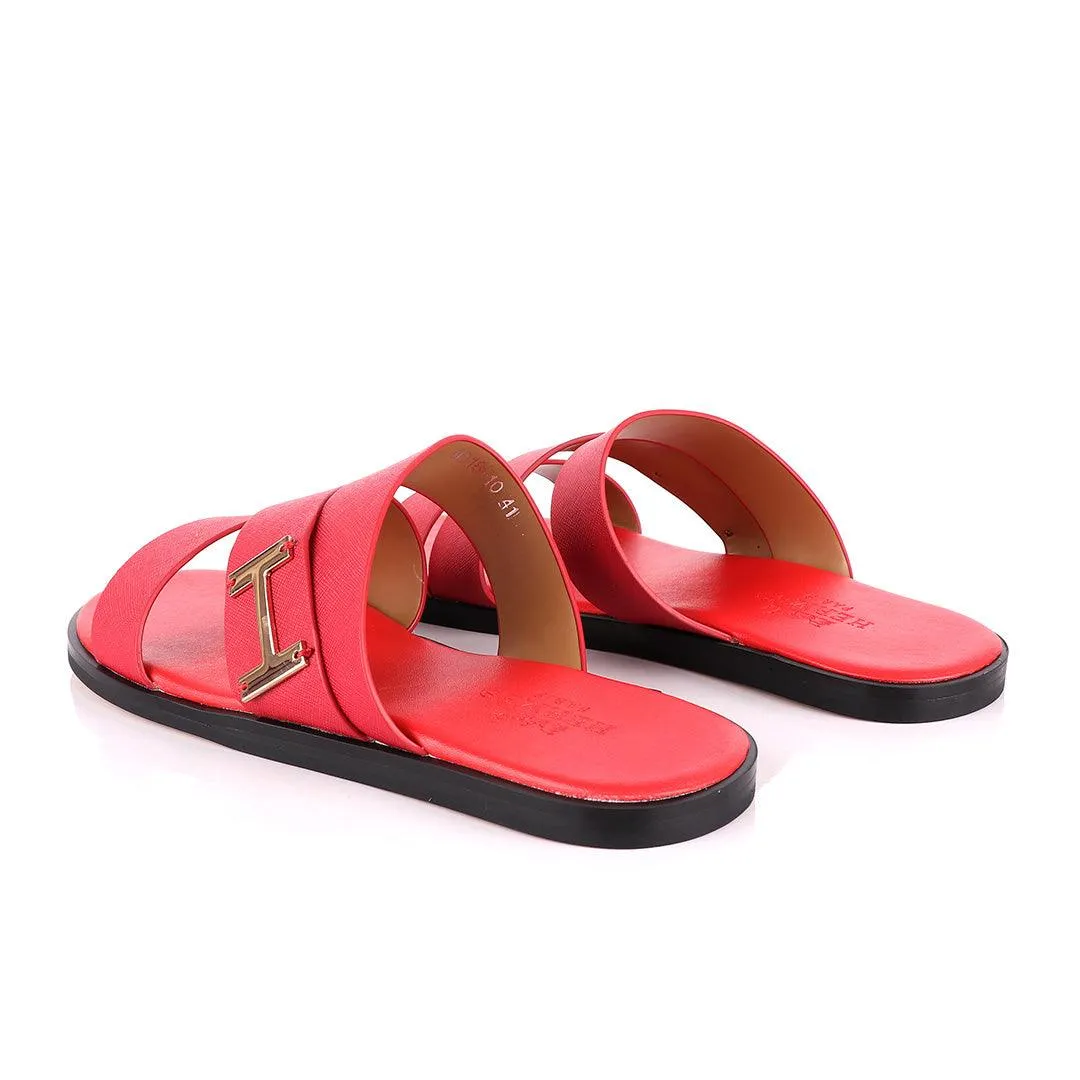 Hermes Paris With Logo Red Leather Slippers