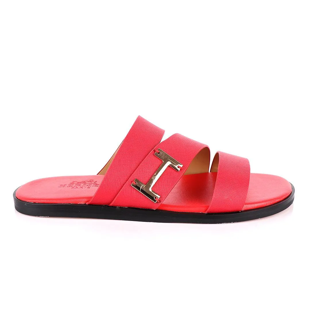 Hermes Paris With Logo Red Leather Slippers