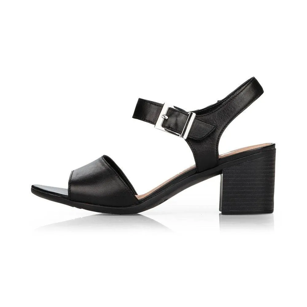 Remonte black leather buckle trim block heel sandal