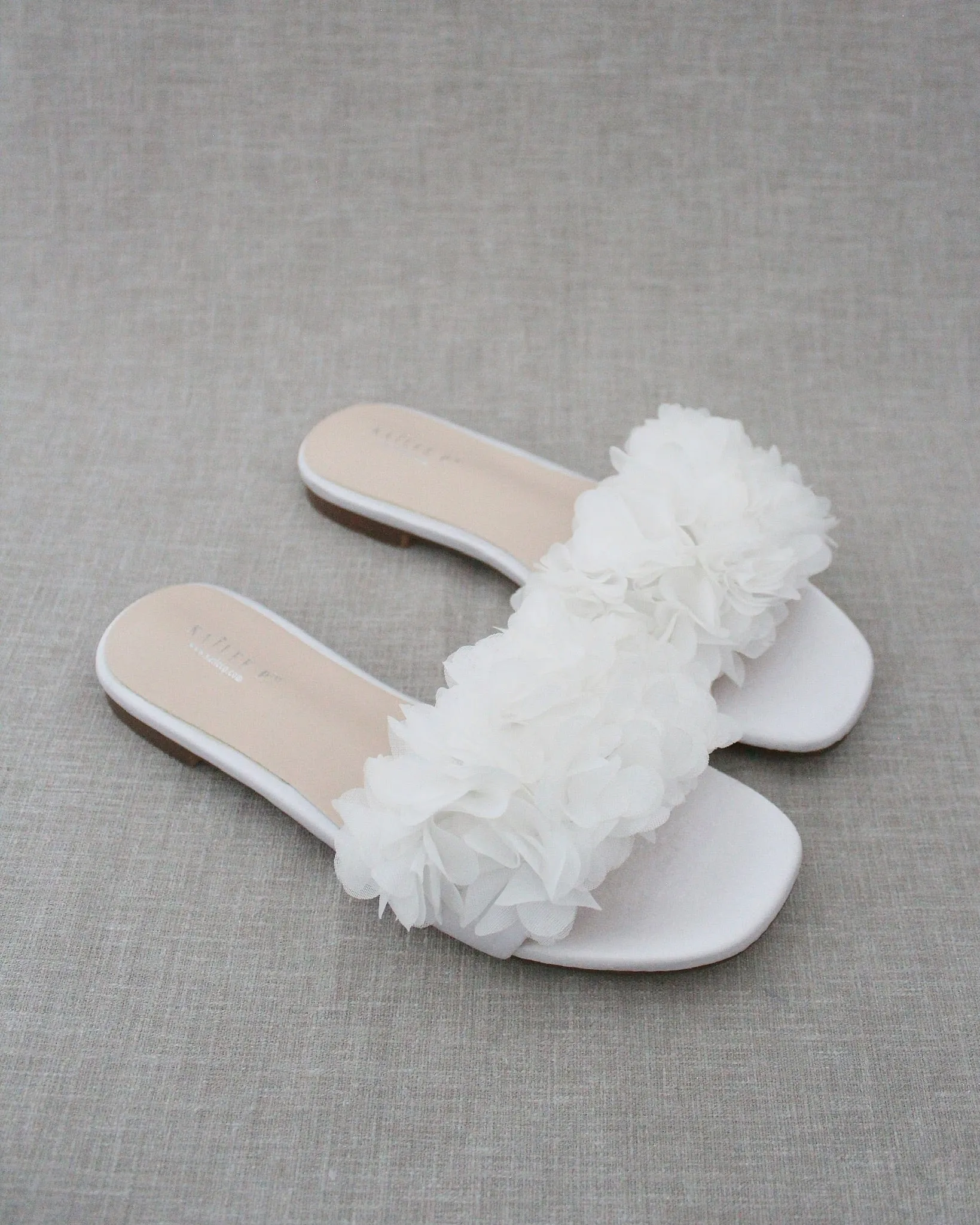 Satin Slide Wedding Sandals with Allover Chiffon Flowers