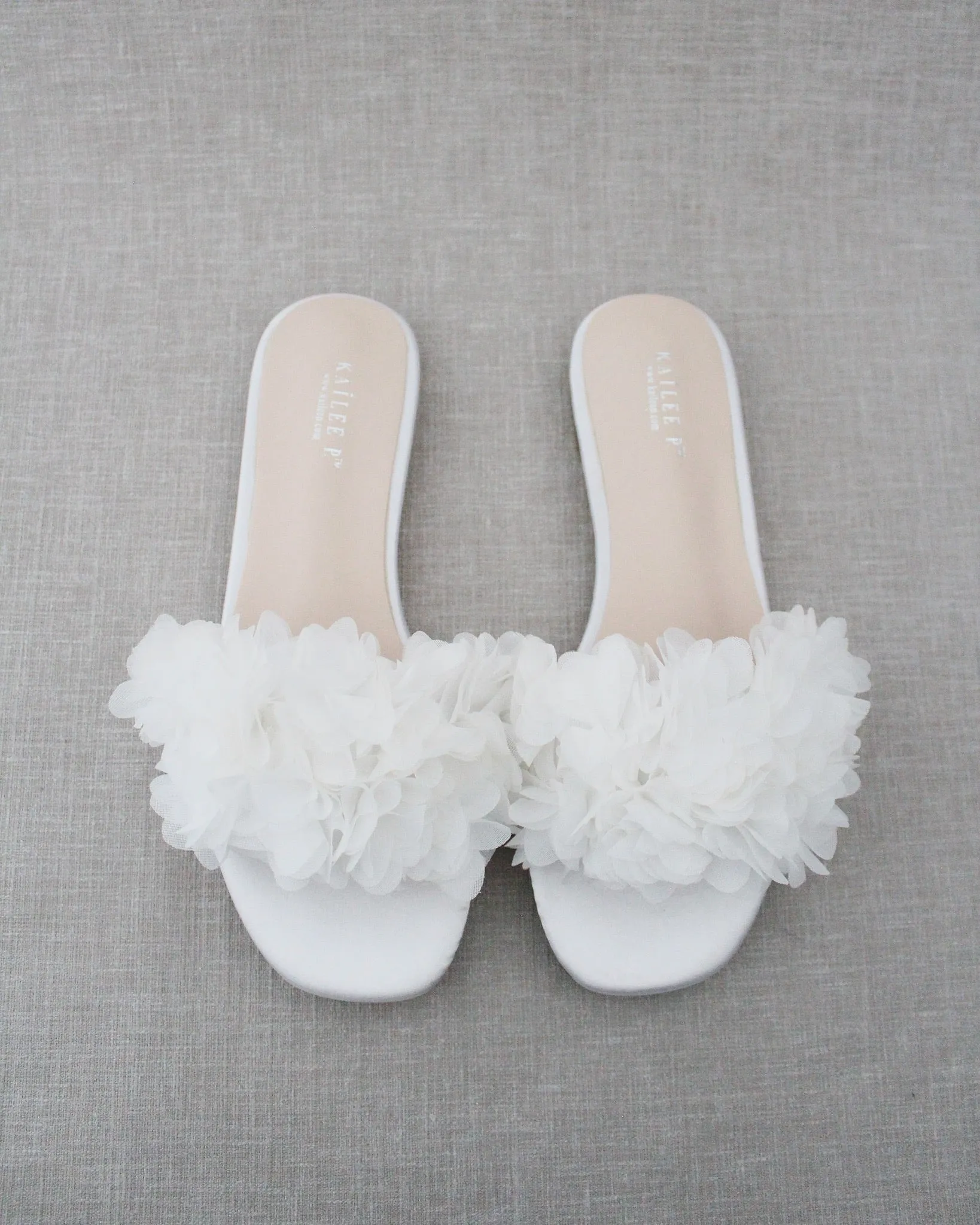 Satin Slide Wedding Sandals with Allover Chiffon Flowers