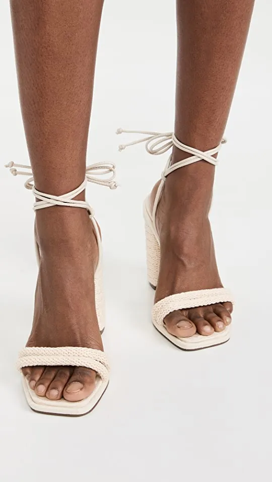 Schutz Leenah Egg Shell Lace Up Open Toe Crochet Cord Style Block Heeled Sandals