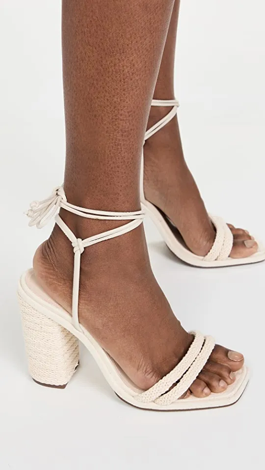 Schutz Leenah Egg Shell Lace Up Open Toe Crochet Cord Style Block Heeled Sandals