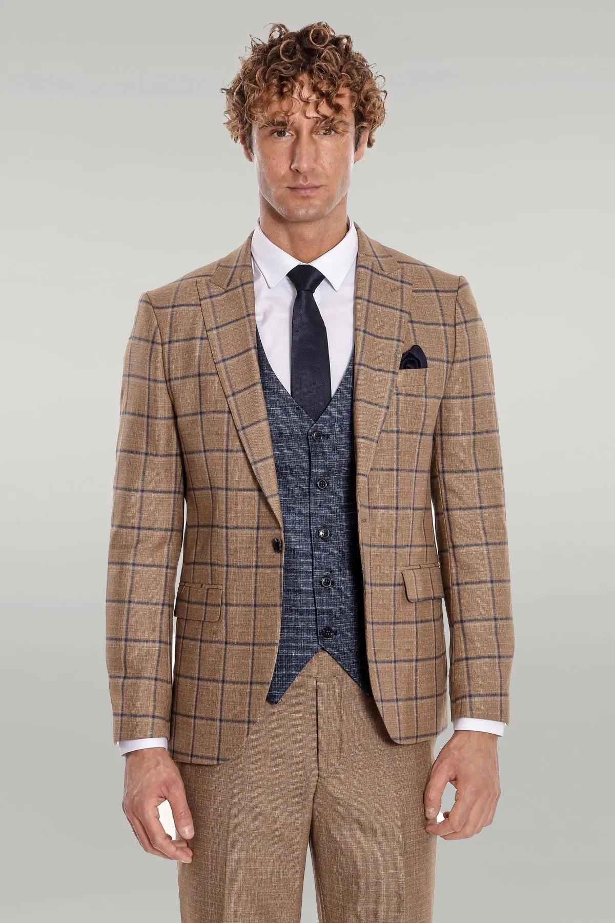 Slim Fit Checked Patterned Brown Men Suit - Wessi