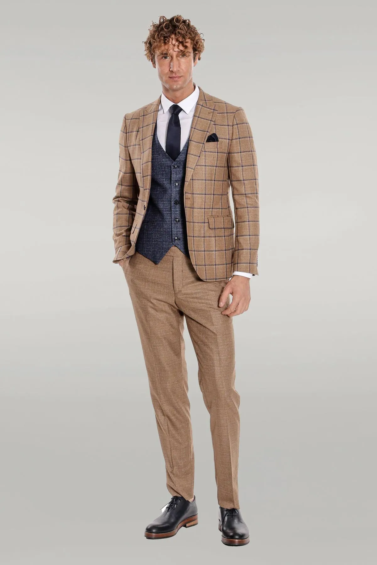 Slim Fit Checked Patterned Brown Men Suit - Wessi