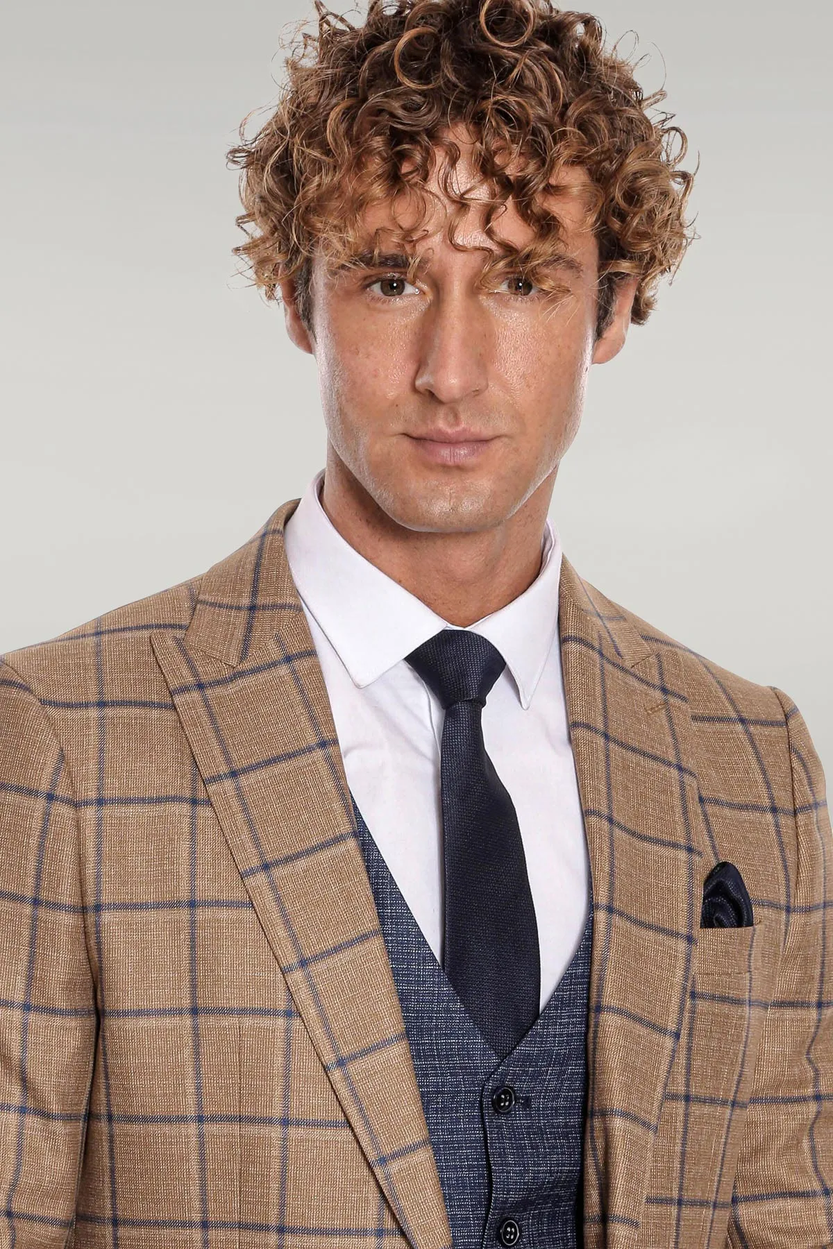 Slim Fit Checked Patterned Brown Men Suit - Wessi