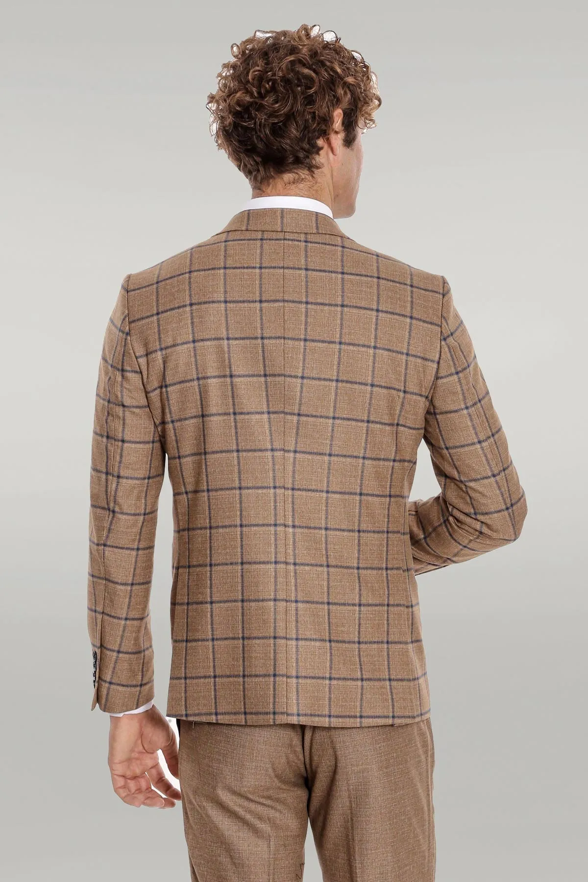 Slim Fit Checked Patterned Brown Men Suit - Wessi