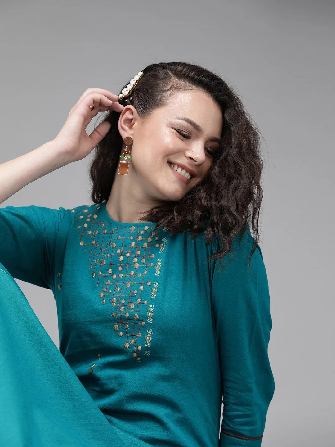 Teal Blue Embroidered Straight Kurta