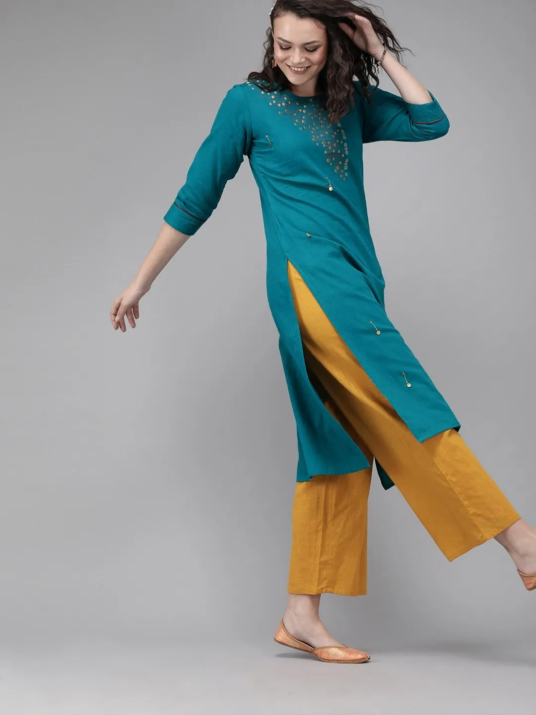 Teal Blue Embroidered Straight Kurta