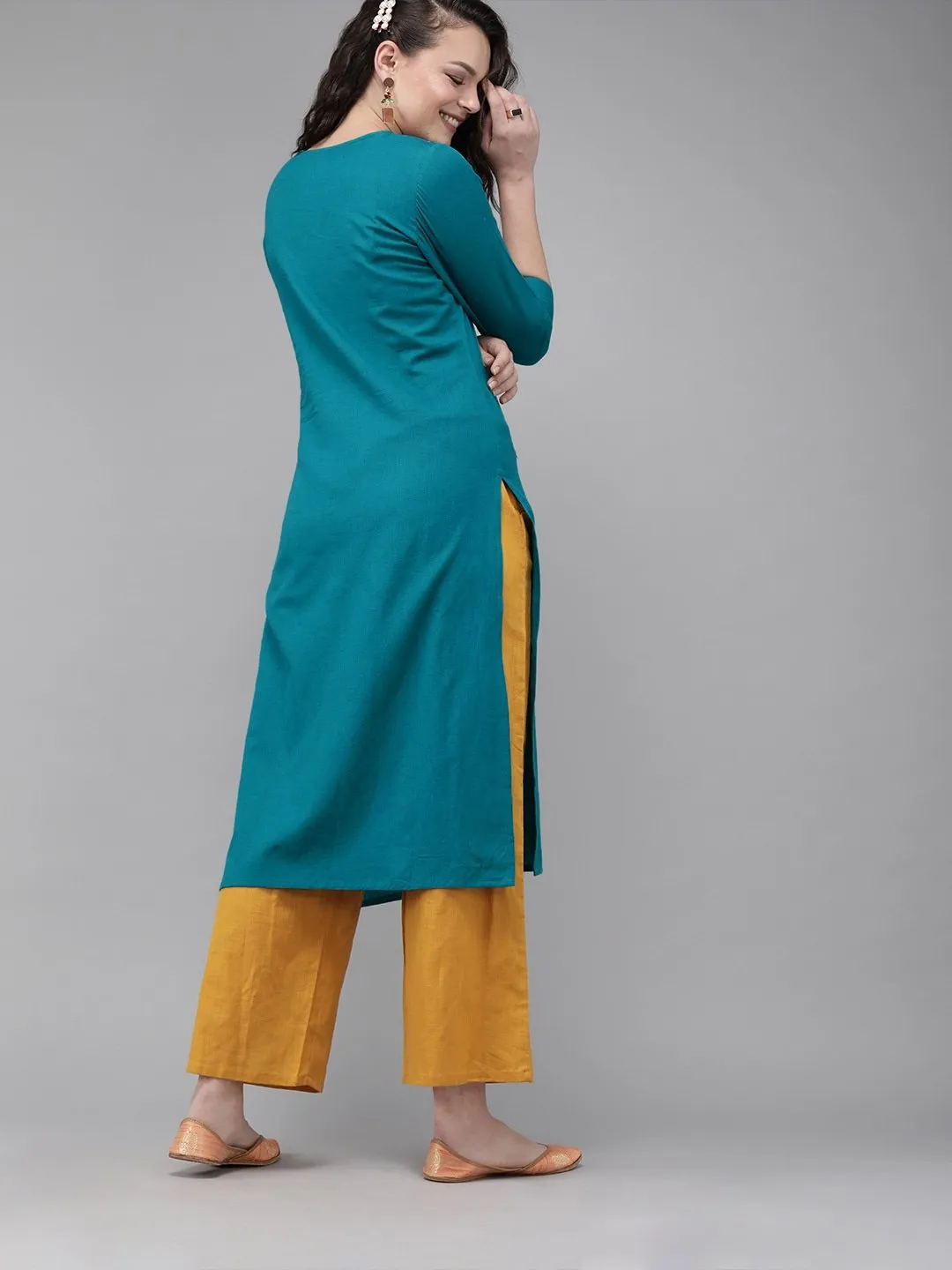 Teal Blue Embroidered Straight Kurta