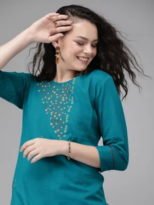 Teal Blue Embroidered Straight Kurta