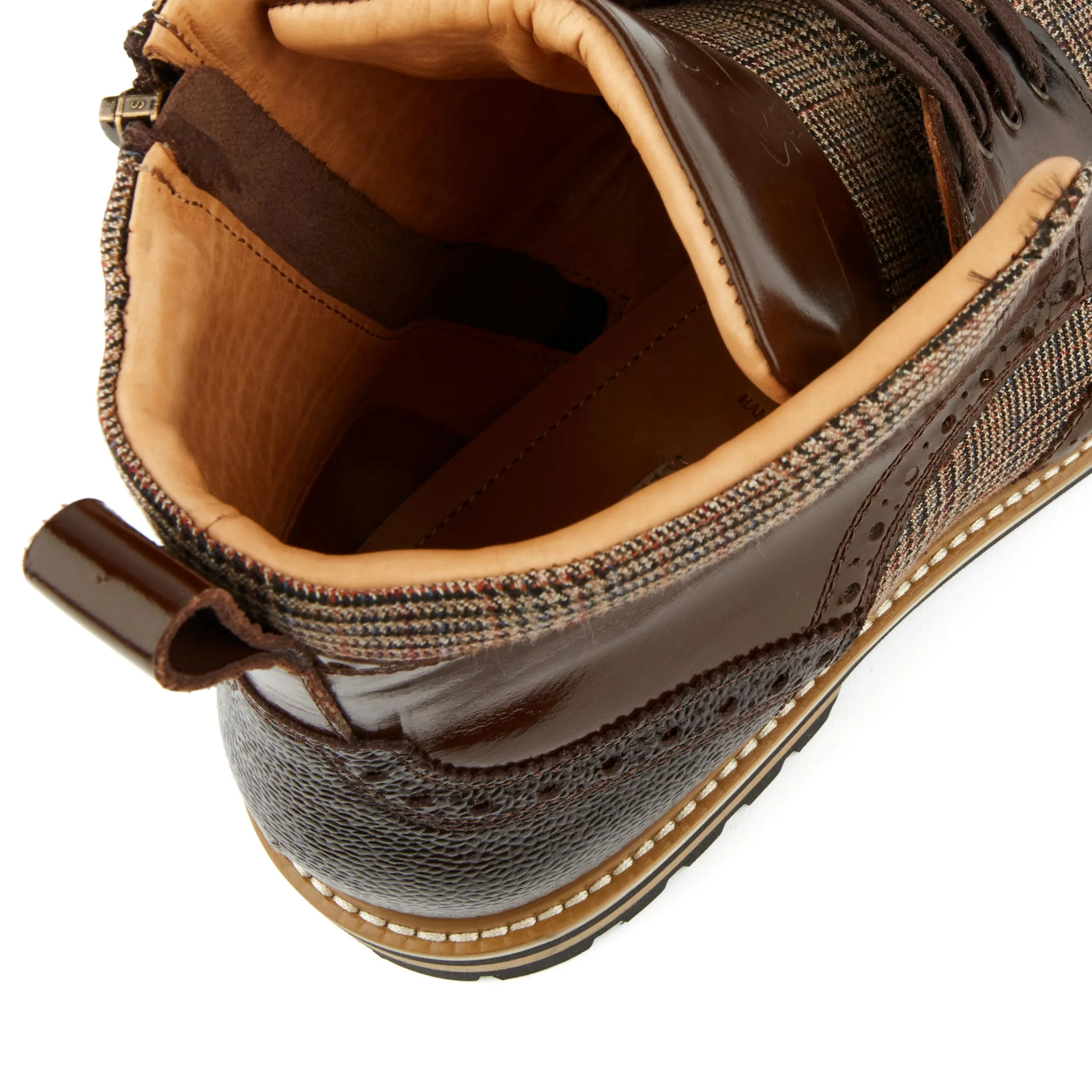 Wanderer - Dark Brown Check - Men's combat style size sipper boot in leather and textile