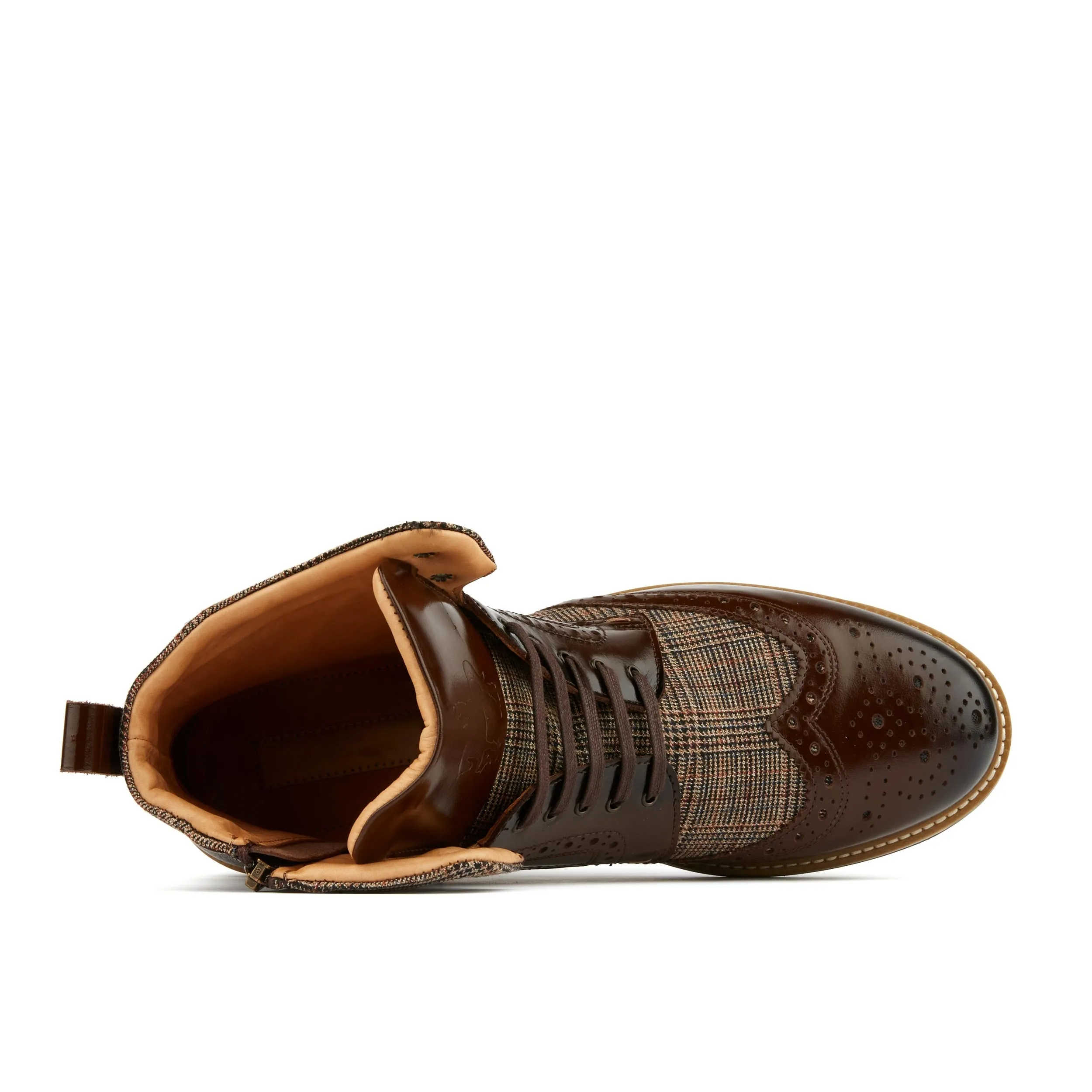 Wanderer - Dark Brown Check - Men's combat style size sipper boot in leather and textile