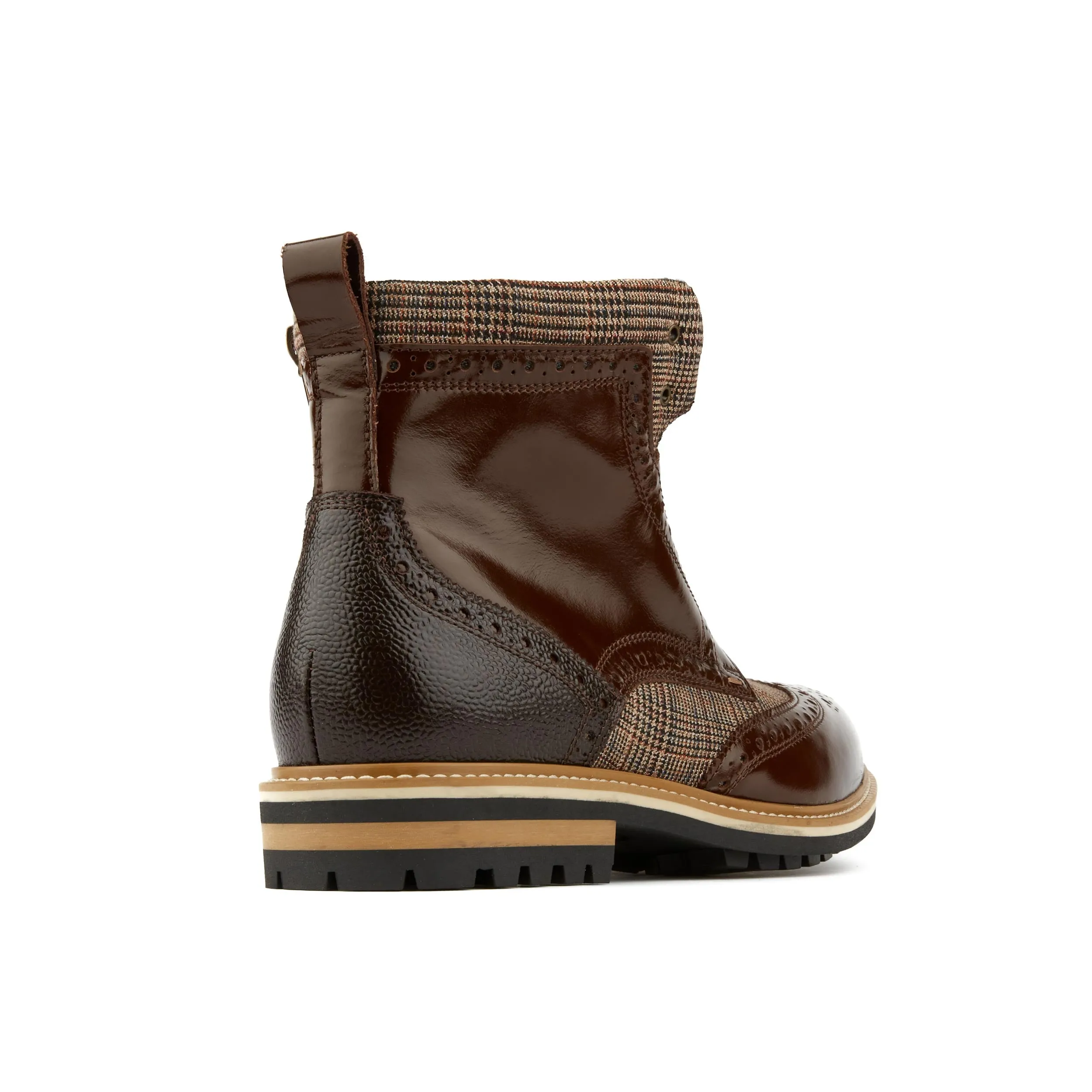 Wanderer - Dark Brown Check - Men's combat style size sipper boot in leather and textile