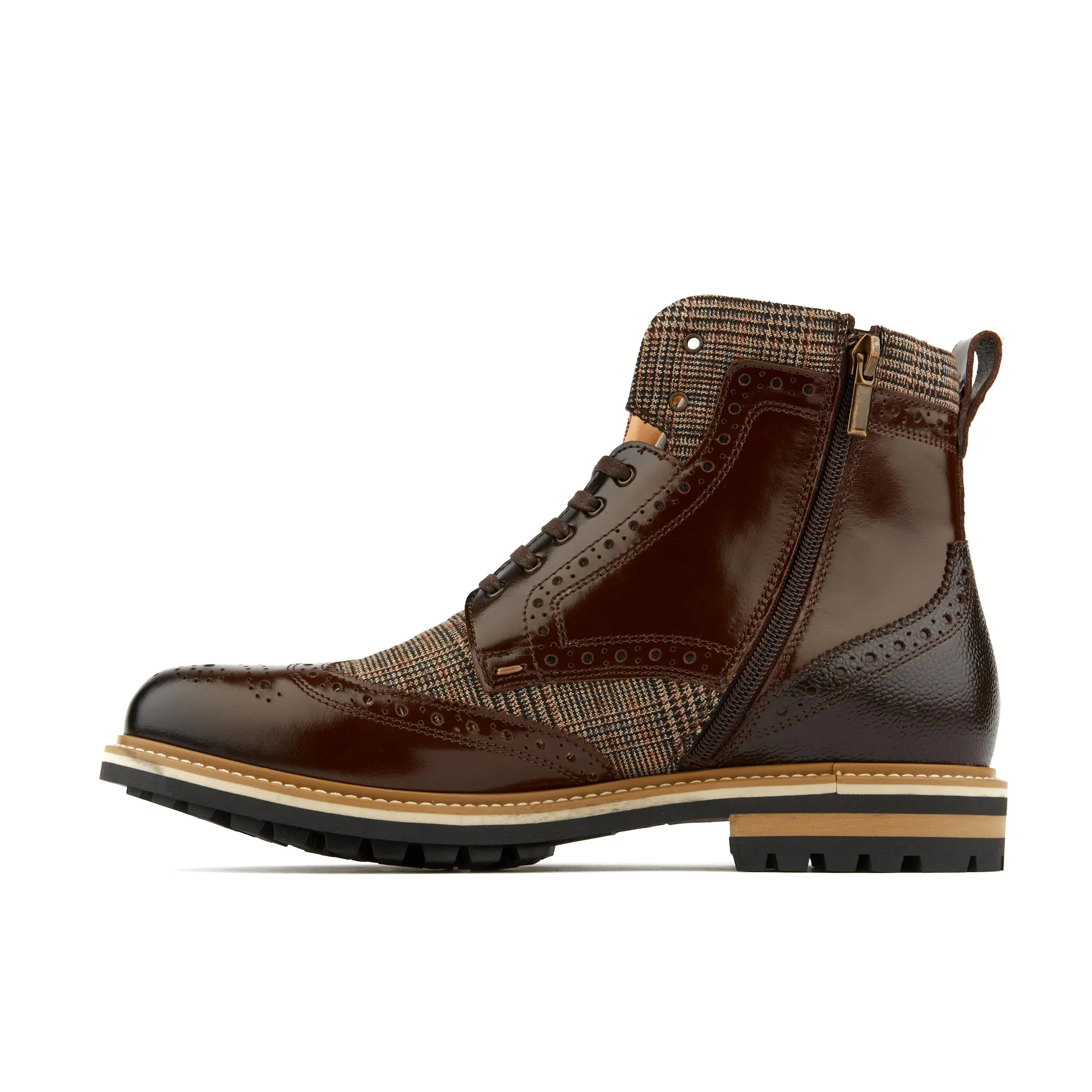 Wanderer - Dark Brown Check - Men's combat style size sipper boot in leather and textile