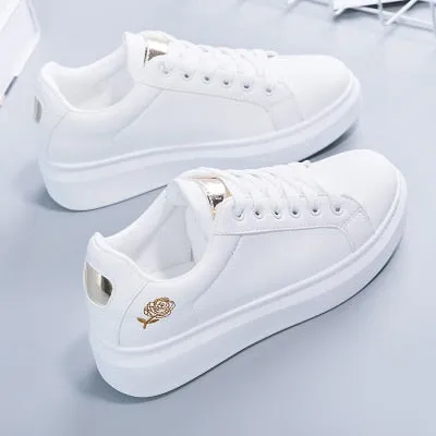 White Low Top Shoes Rose Embroidery