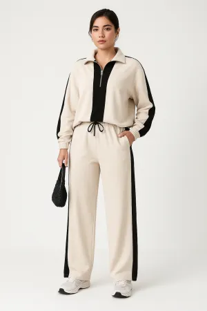 Womens Two-Piece Set  Zip Collar Top & Wide-Leg Pants  Relaxed Fit Casual Wear